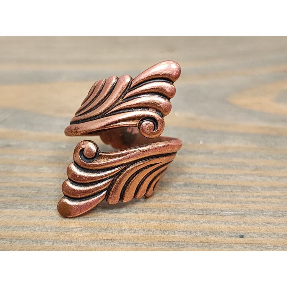 Vintage 1970s Bell Trading Post Solid Copper Feather Scroll Ring Size 7.5 Adjust